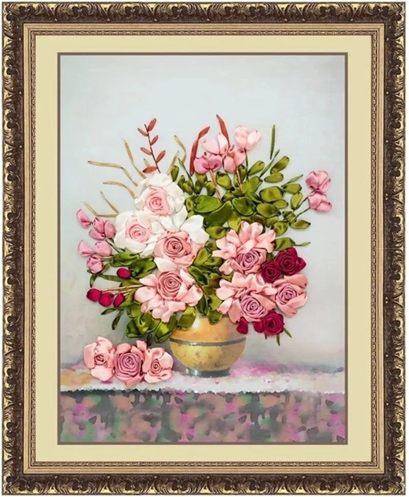 DIY kit 3D Ribbon embroidery - Pink roses flowers