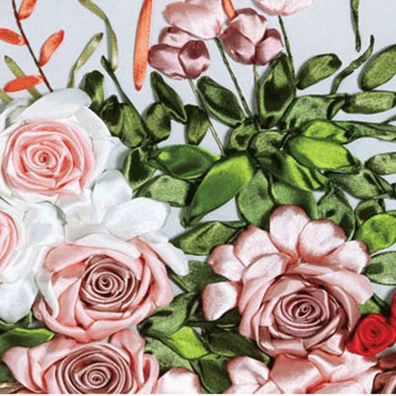 DIY kit 3D Ribbon embroidery - Pink roses flowers