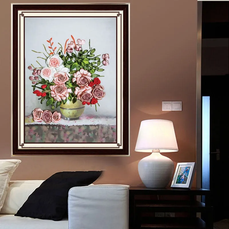 DIY kit 3D Ribbon embroidery - Pink roses flowers