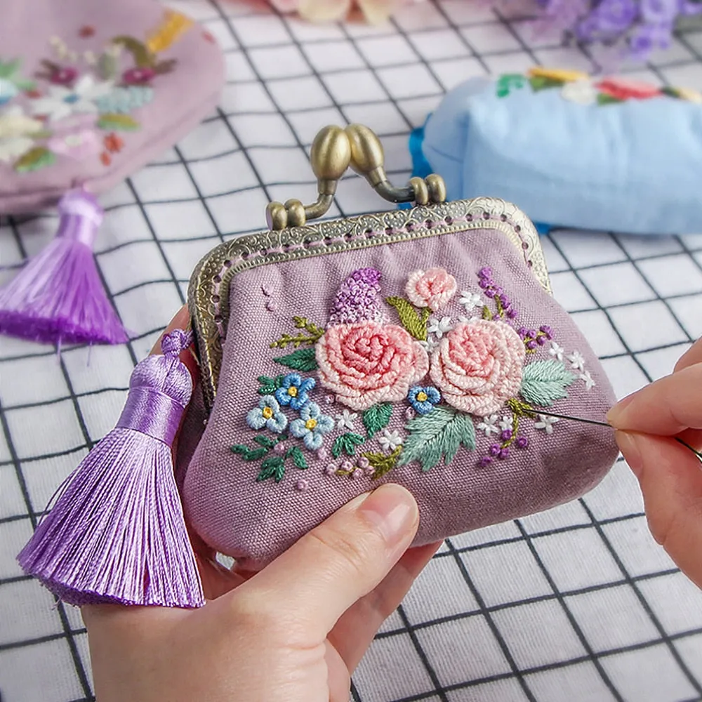 DIY Kit Embroidery Flower Purse Wallet