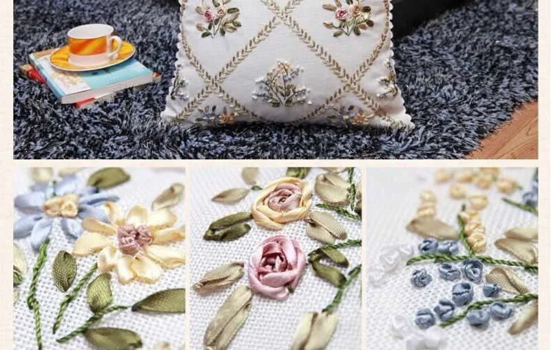 DIY Kit Embroidery Flower Ribbon pillow cover