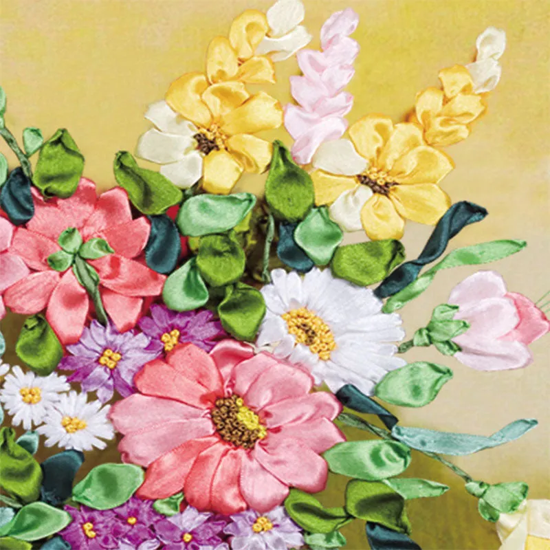 DIY Kit Flowers Vase 3D Ribbon Embroidery - Colorful Flowers