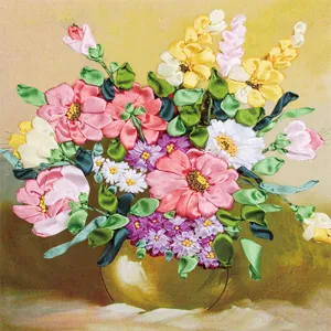 DIY Kit Flowers Vase 3D Ribbon Embroidery - Colorful Flowers