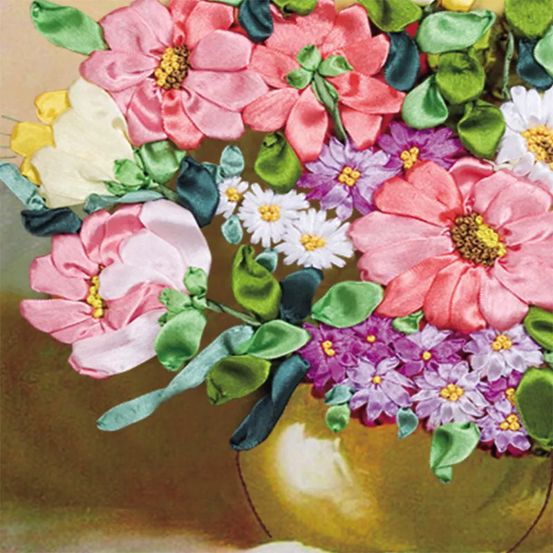 DIY Kit Flowers Vase 3D Ribbon Embroidery - Colorful Flowers