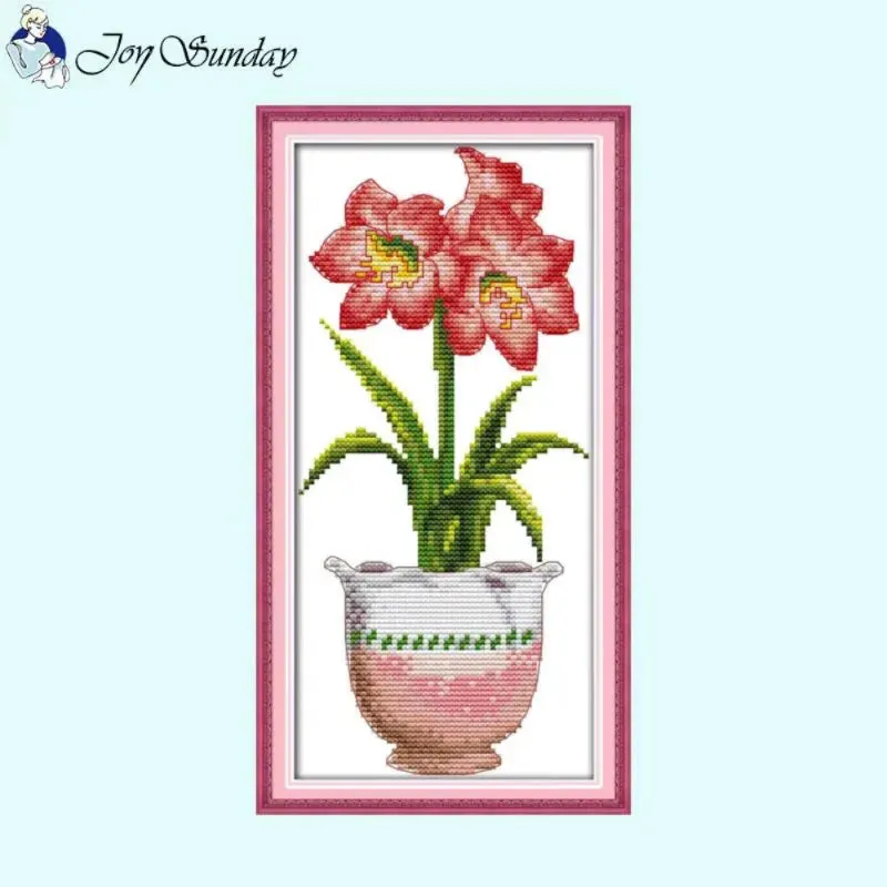 DIY Potted Plants Cross Stitch Kit - Floral Patterns Stamped Canvas for Handmade Embroidery