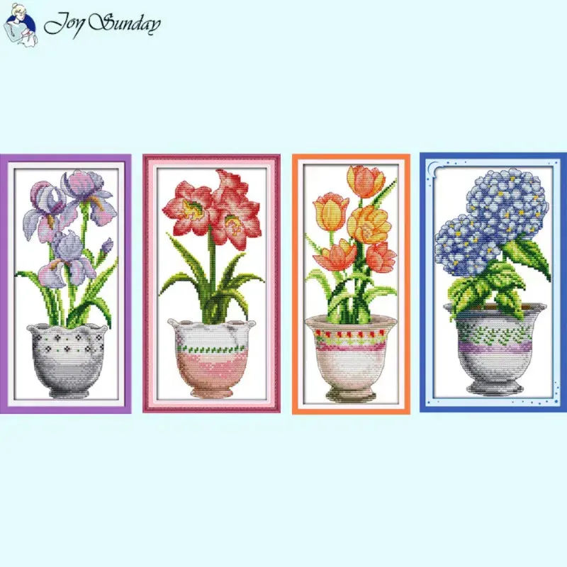DIY Potted Plants Cross Stitch Kit - Floral Patterns Stamped Canvas for Handmade Embroidery