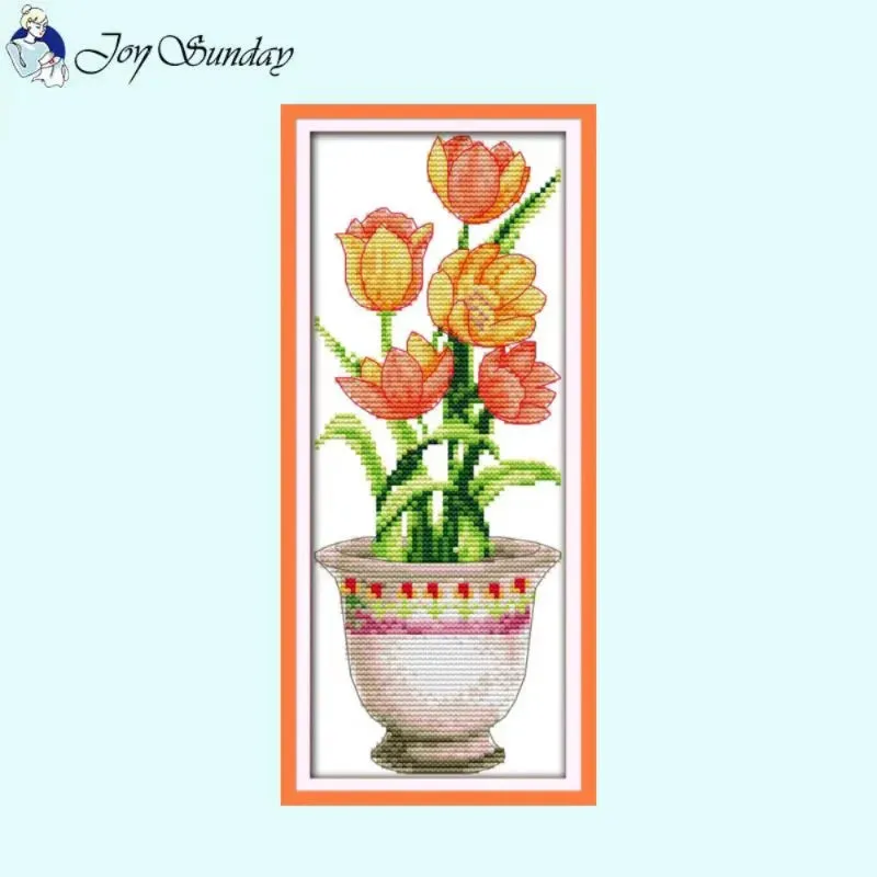 DIY Potted Plants Cross Stitch Kit - Floral Patterns Stamped Canvas for Handmade Embroidery