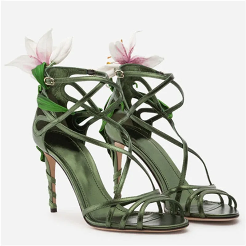 Embellished Metallic Leather Strappy Stiletto Sandals Women Open Toe Ankle Strap Floral Heel Shoes Woman