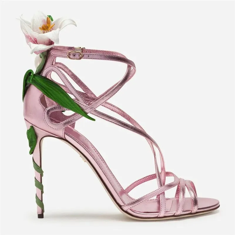 Embellished Metallic Leather Strappy Stiletto Sandals Women Open Toe Ankle Strap Floral Heel Shoes Woman
