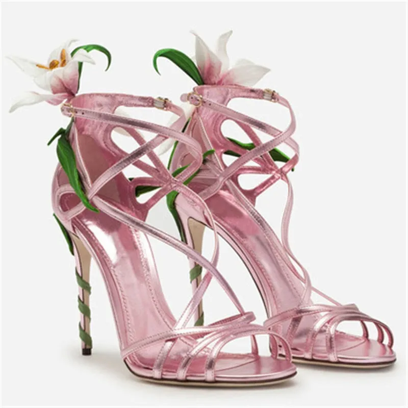 Embellished Metallic Leather Strappy Stiletto Sandals Women Open Toe Ankle Strap Floral Heel Shoes Woman