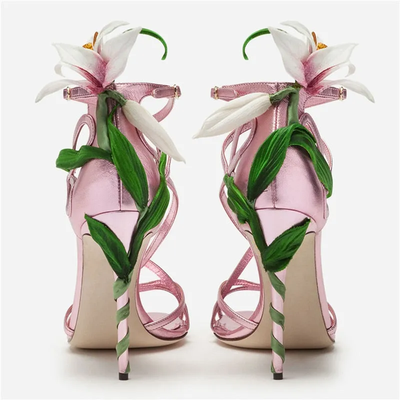 Embellished Metallic Leather Strappy Stiletto Sandals Women Open Toe Ankle Strap Floral Heel Shoes Woman