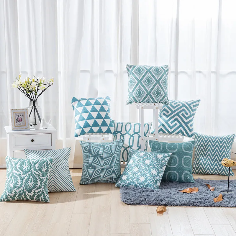 Embroidered Blue Geometric Pillow Cushion Cover - 45x45cm - 10 Designs