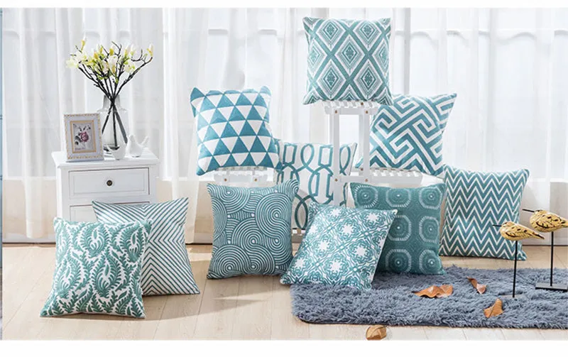 Embroidered Blue Geometric Pillow Cushion Cover - 45x45cm - 10 Designs