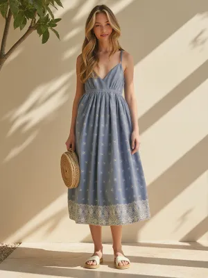 Embroidered Midi Dress With Detailed Bottom Hem