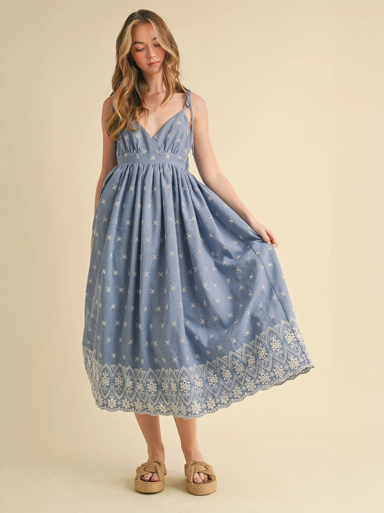 Embroidered Midi Dress With Detailed Bottom Hem