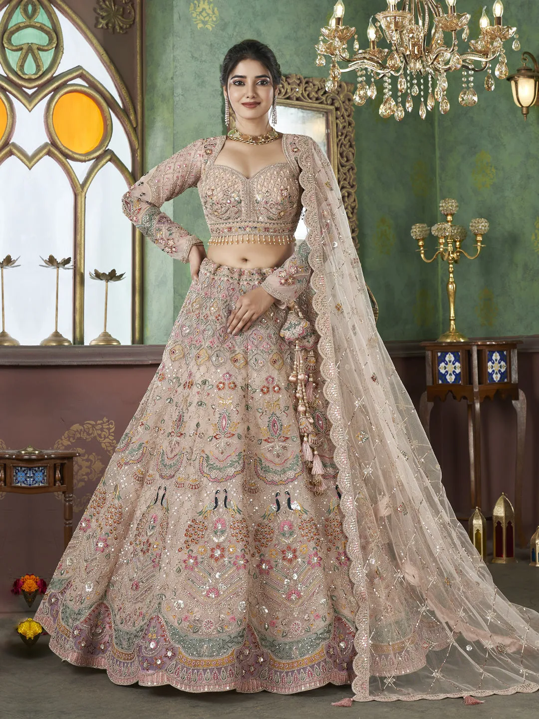 Embroidered Net Lehenga with Net Dupatta in Soft Creamy Hue