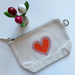Embroidered Rainbow Heart Pouch on Cotton Canvas | Candy Red Colorway