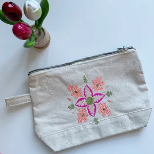 Embroidered Sweet Pea Floral Pouch | Pinky Colorway