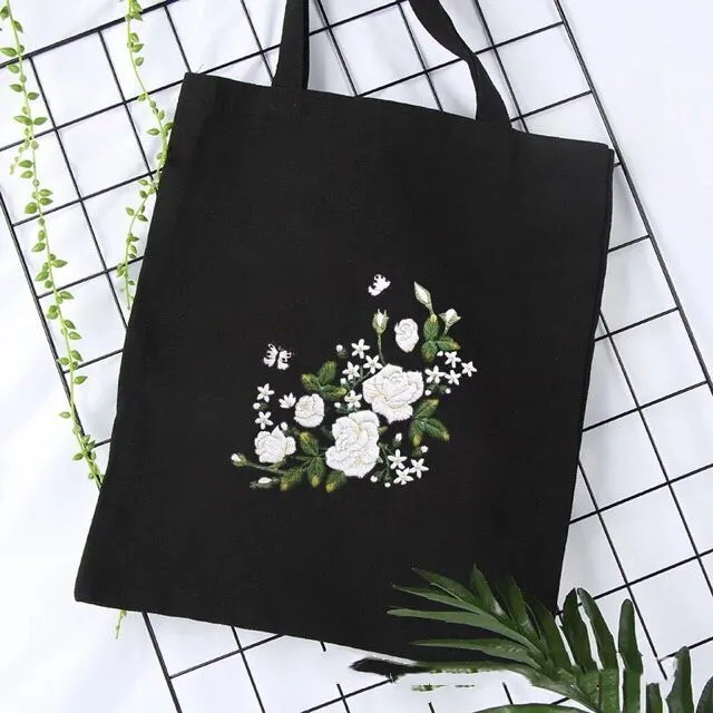 Embroidery Canvas Bag Kit DIY Adult Handmade Beginner Material Bag White Rose