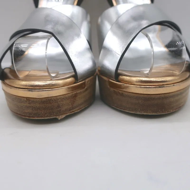 Fendi Crisscross Platform Sandals Silver Leather Size 36.5 Ankle Strap Heels