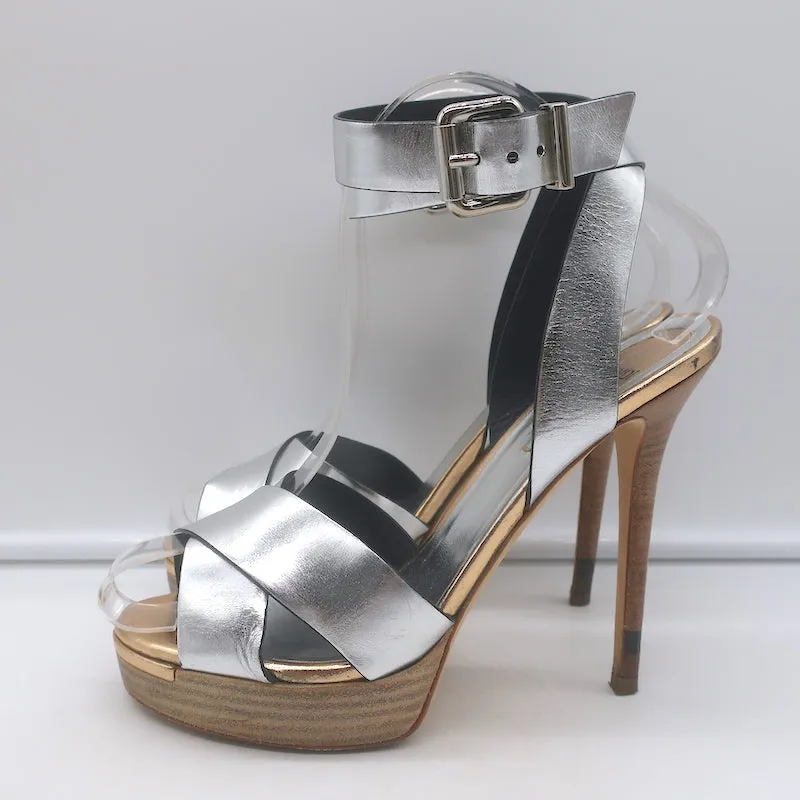 Fendi Crisscross Platform Sandals Silver Leather Size 36.5 Ankle Strap Heels