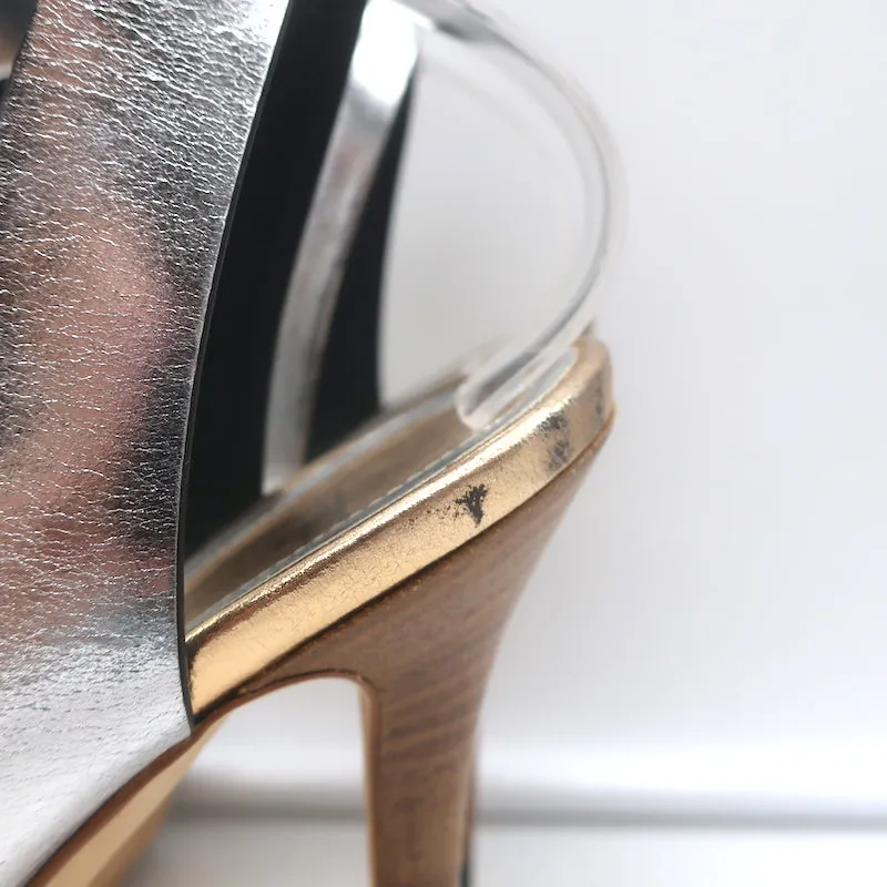 Fendi Crisscross Platform Sandals Silver Leather Size 36.5 Ankle Strap Heels