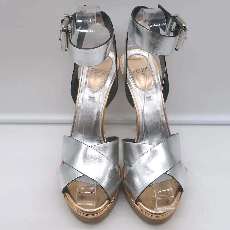 Fendi Crisscross Platform Sandals Silver Leather Size 36.5 Ankle Strap Heels