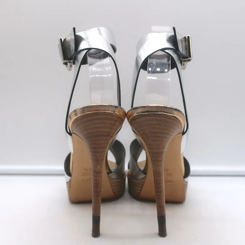 Fendi Crisscross Platform Sandals Silver Leather Size 36.5 Ankle Strap Heels