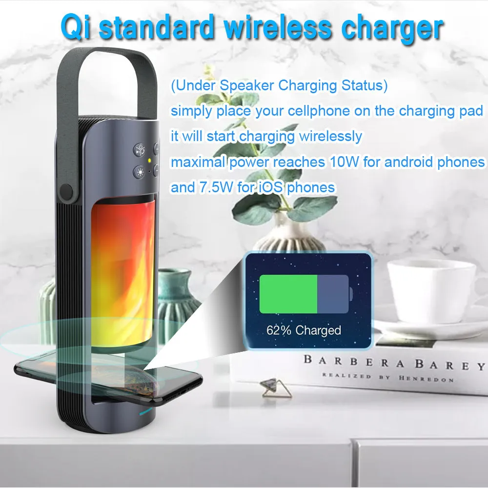 Flame Lights TF Card Deep Bass Bluetooth Loudspeaker U Disk HIFI 3D Stereo Multifunction Aux Support Night Lamp Wireless Charger Bluetooth Speaker  As shown