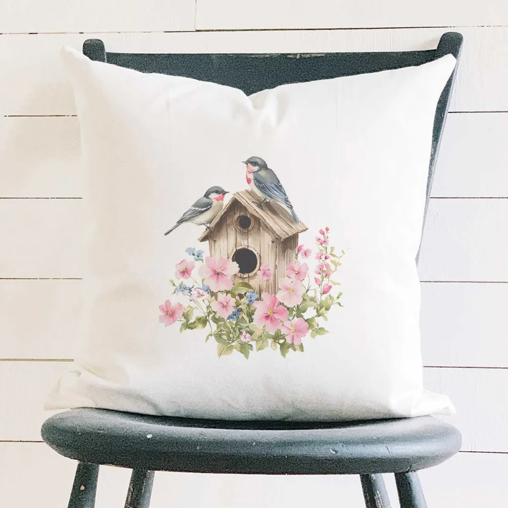 Floral Birdhouse - Square Canvas Pillow