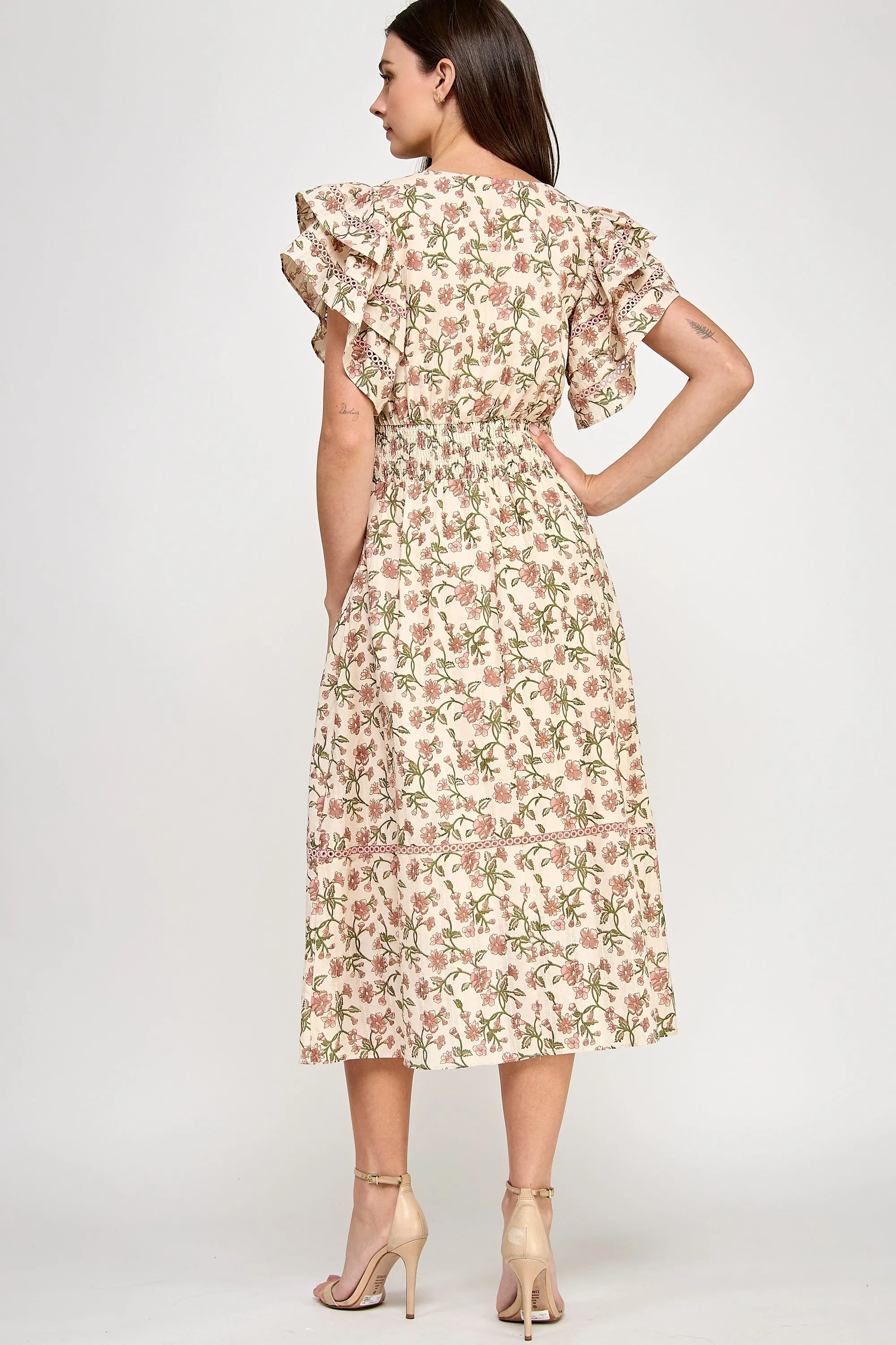 FLORAL LACE TRIM MIDI DRESS