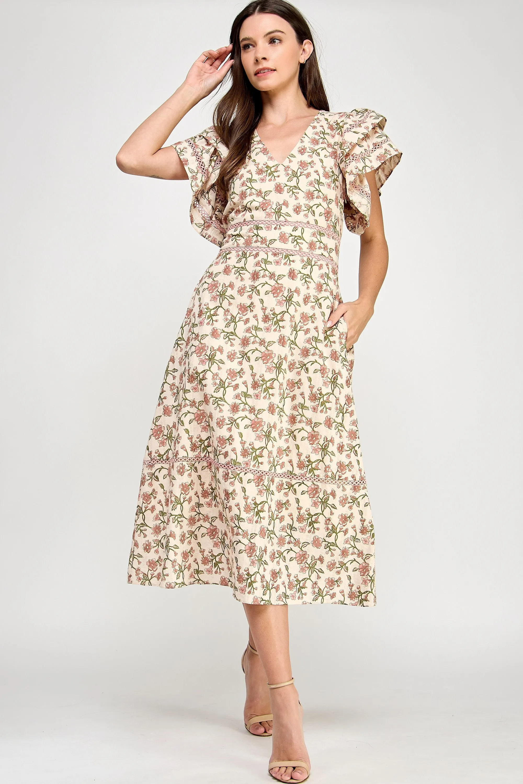 FLORAL LACE TRIM MIDI DRESS
