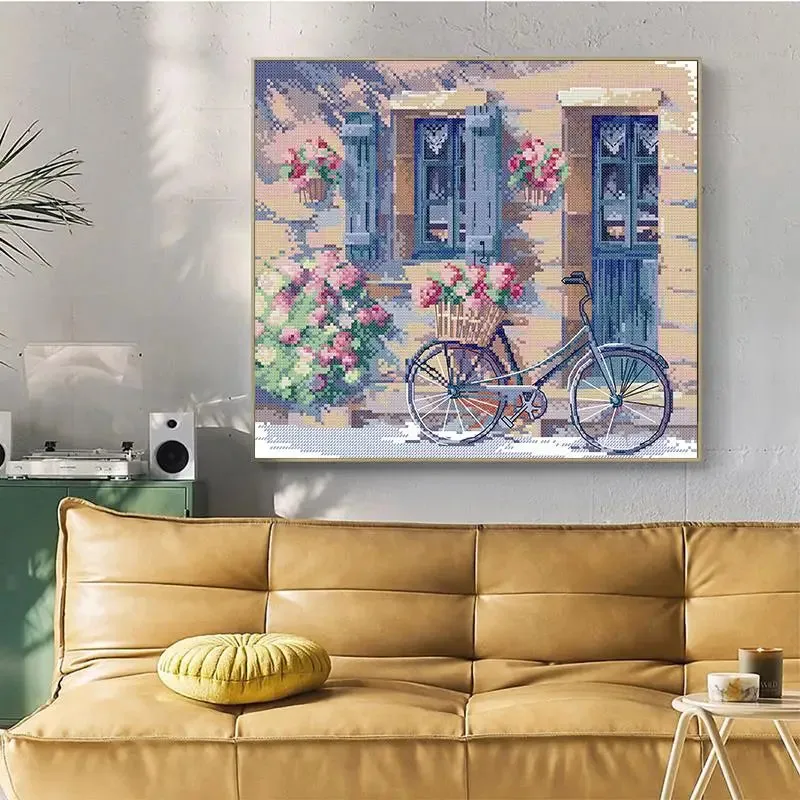 Flowers and Bicycles Landscape Patterns Cross Stitch Embroidery