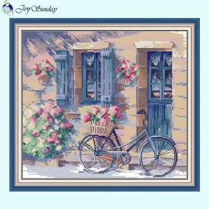 Flowers and Bicycles Landscape Patterns Cross Stitch Embroidery
