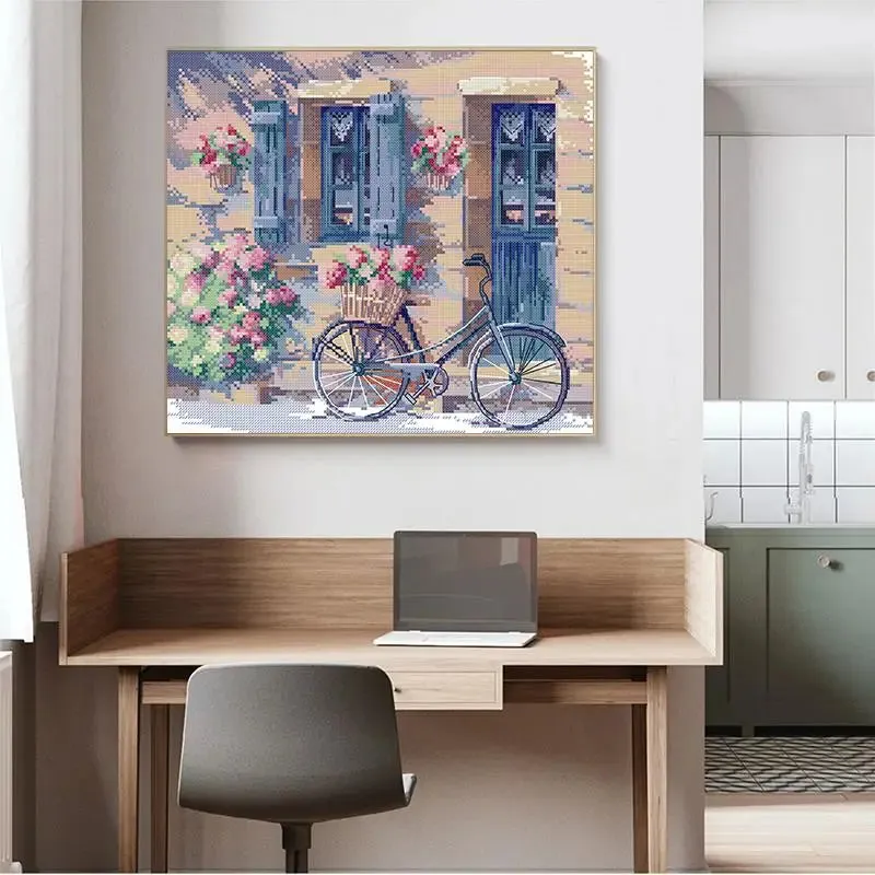 Flowers and Bicycles Landscape Patterns Cross Stitch Embroidery