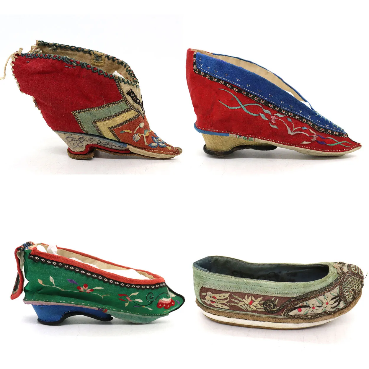 Four Chinese Embroidered Silk Fabric Bound Foot Lotus Shoes and Slipper