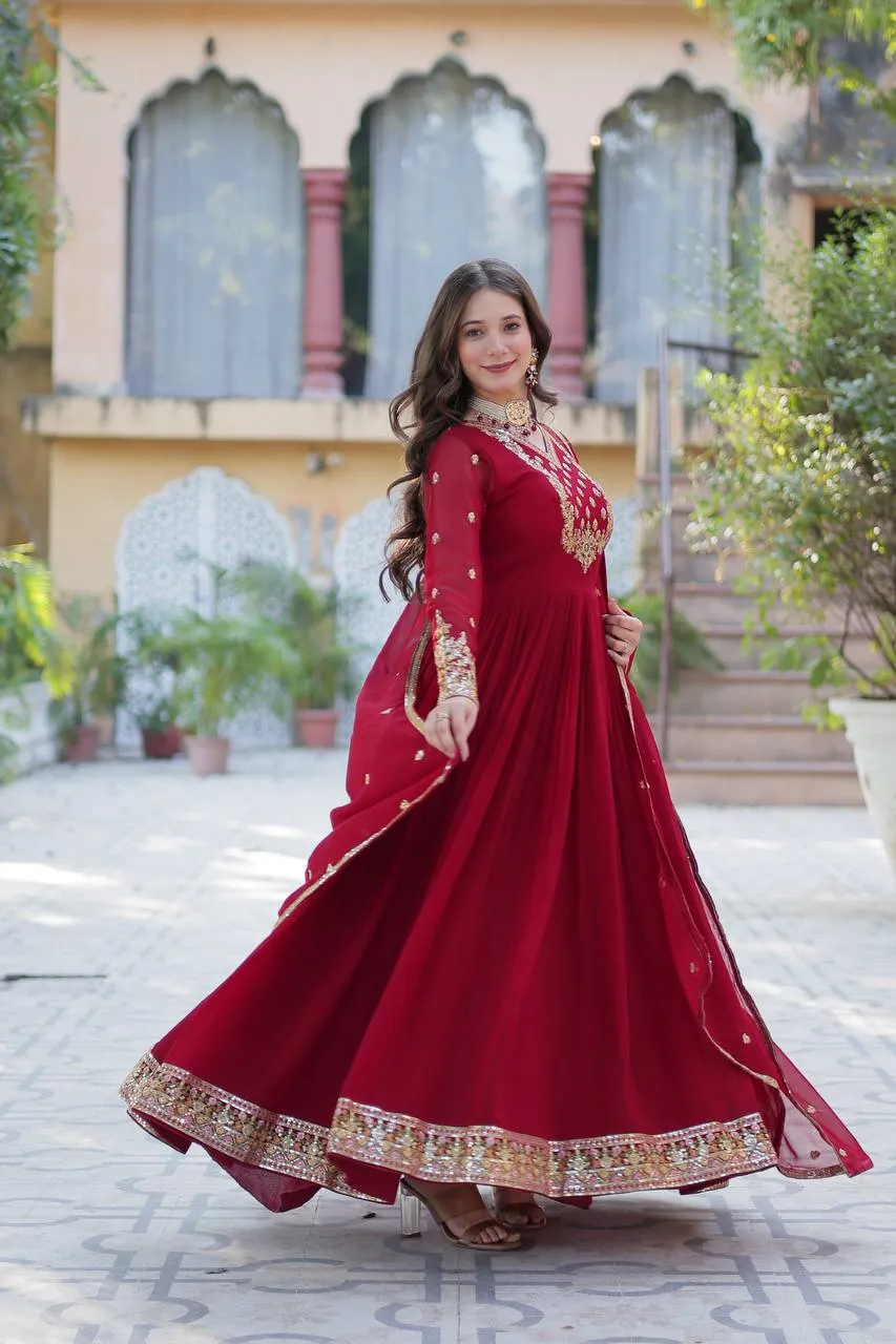FRILLFIT Eleanor Charming Faux Georgette Embroidered Sequined Gown With Dupatta