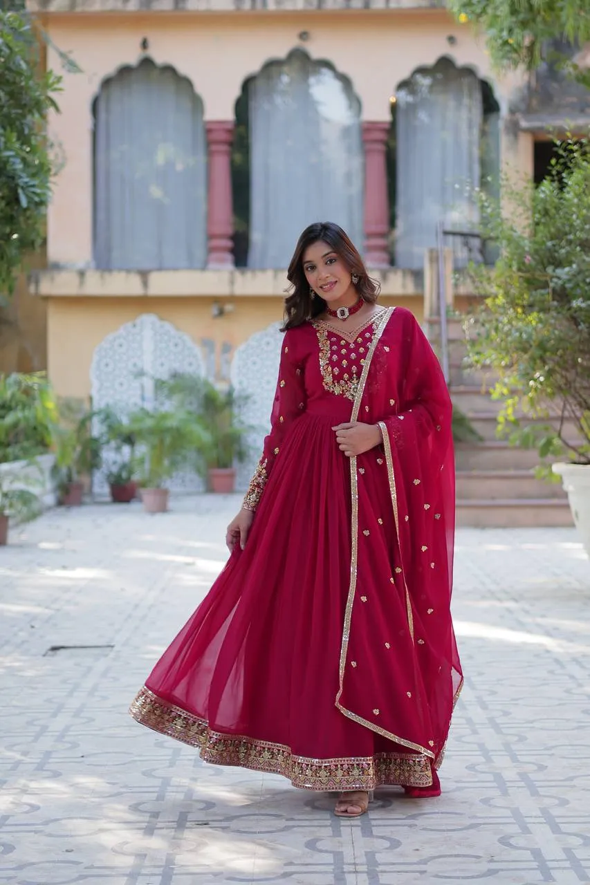FRILLFIT Eleanor Charming Faux Georgette Embroidered Sequined Gown With Dupatta