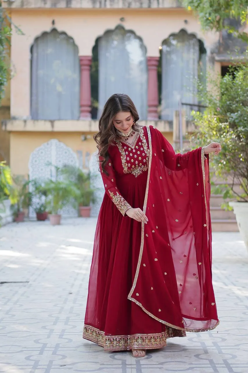 FRILLFIT Eleanor Charming Faux Georgette Embroidered Sequined Gown With Dupatta