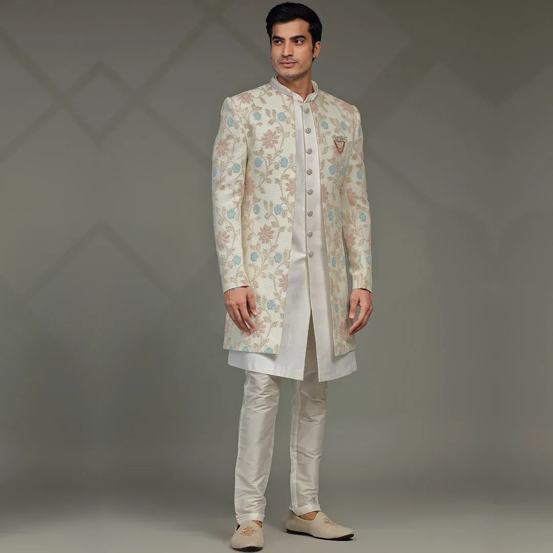Frost  White Indowestern with Creamy Floral Embroidered  Men