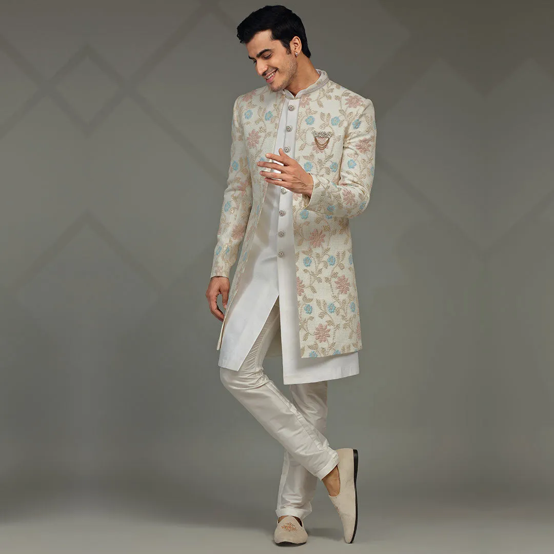 Frost  White Indowestern with Creamy Floral Embroidered  Men