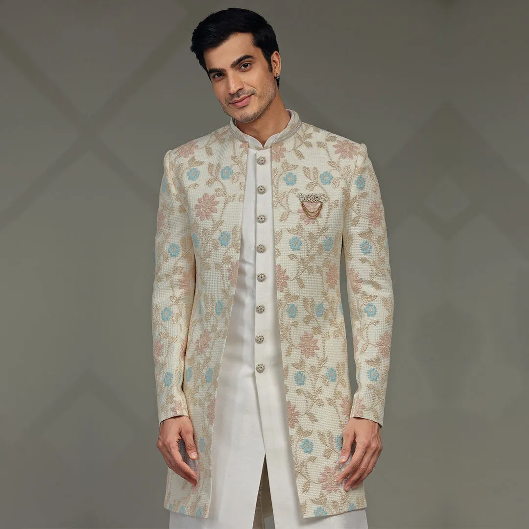Frost  White Indowestern with Creamy Floral Embroidered  Men
