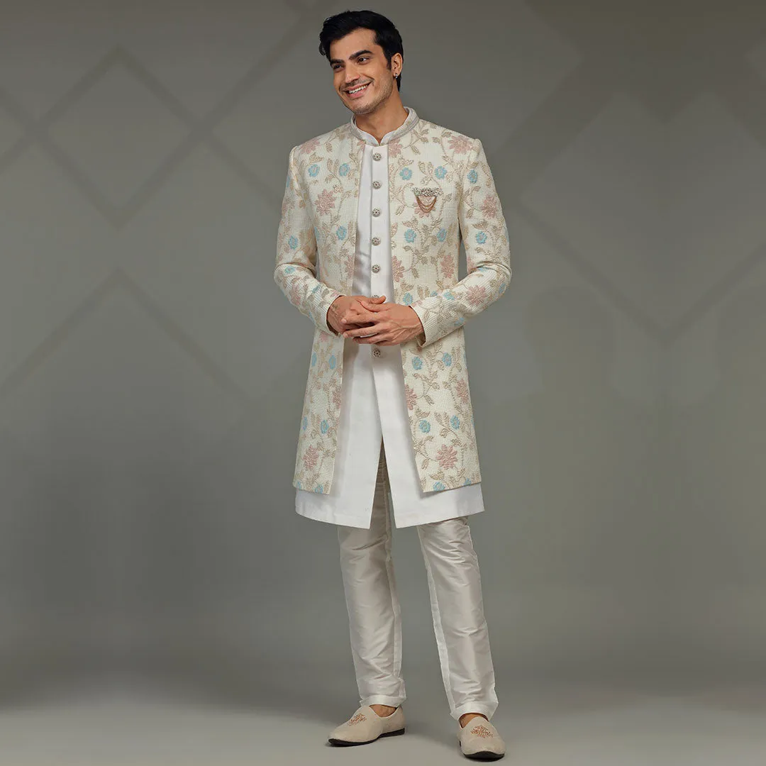 Frost  White Indowestern with Creamy Floral Embroidered  Men