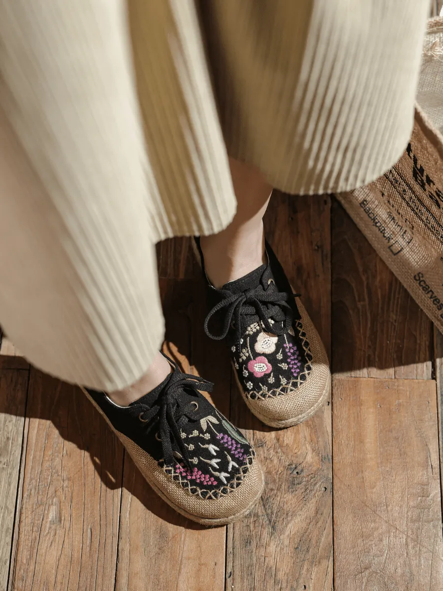 Garden Embroidered Linen Espadrille Sneaker - Black
