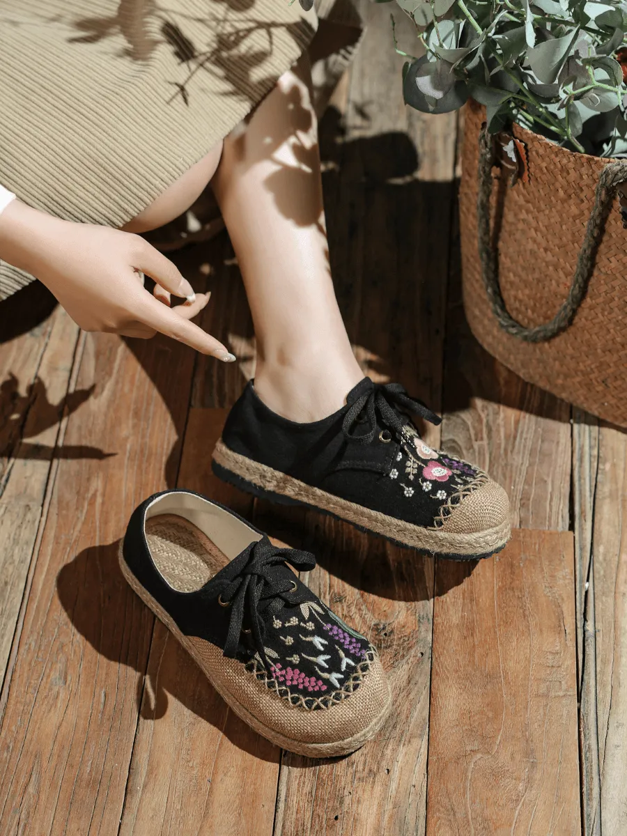 Garden Embroidered Linen Espadrille Sneaker - Black