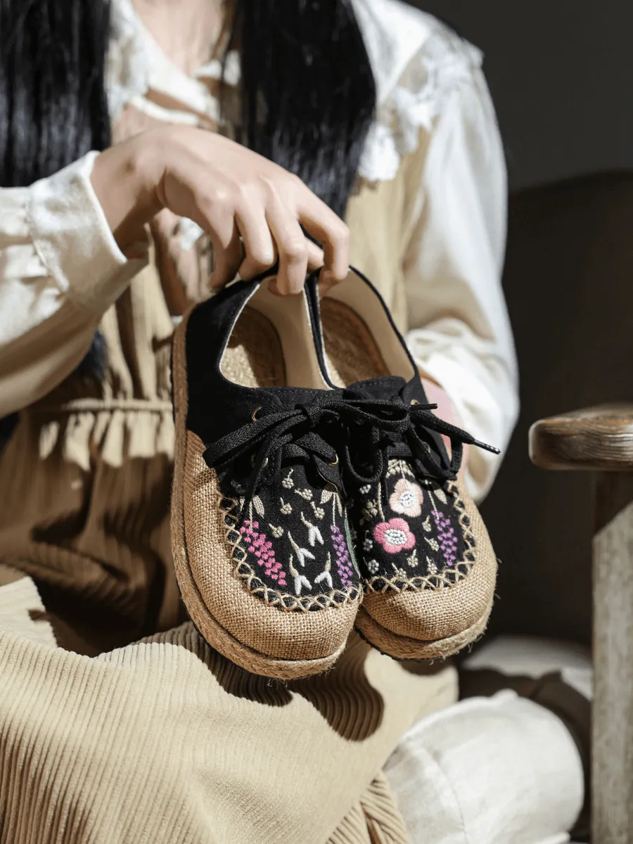 Garden Embroidered Linen Espadrille Sneaker - Black