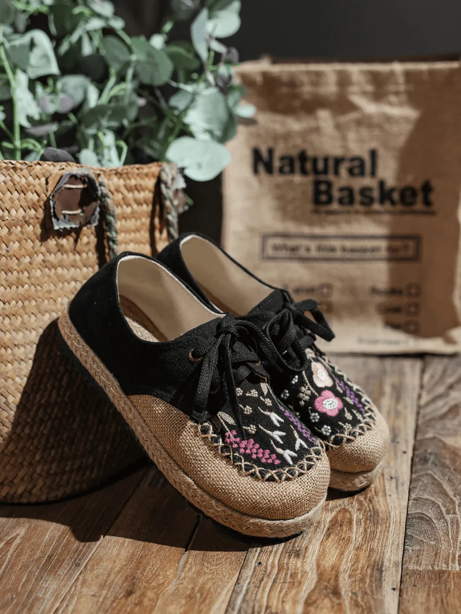 Garden Embroidered Linen Espadrille Sneaker - Black