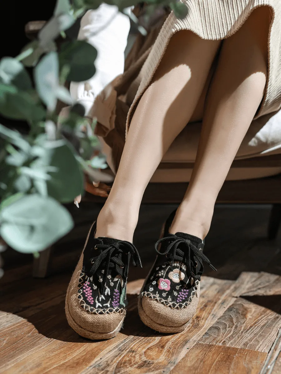 Garden Embroidered Linen Espadrille Sneaker - Black