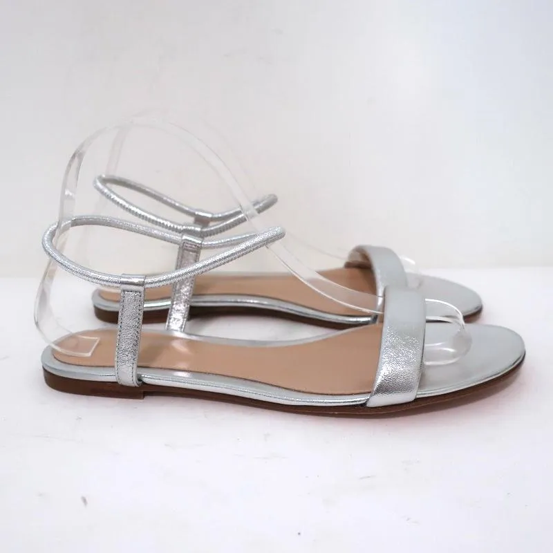Gianvito Rossi Jaime Ankle Strap Sandals Silver Metallic Leather Size 38.5 NEW