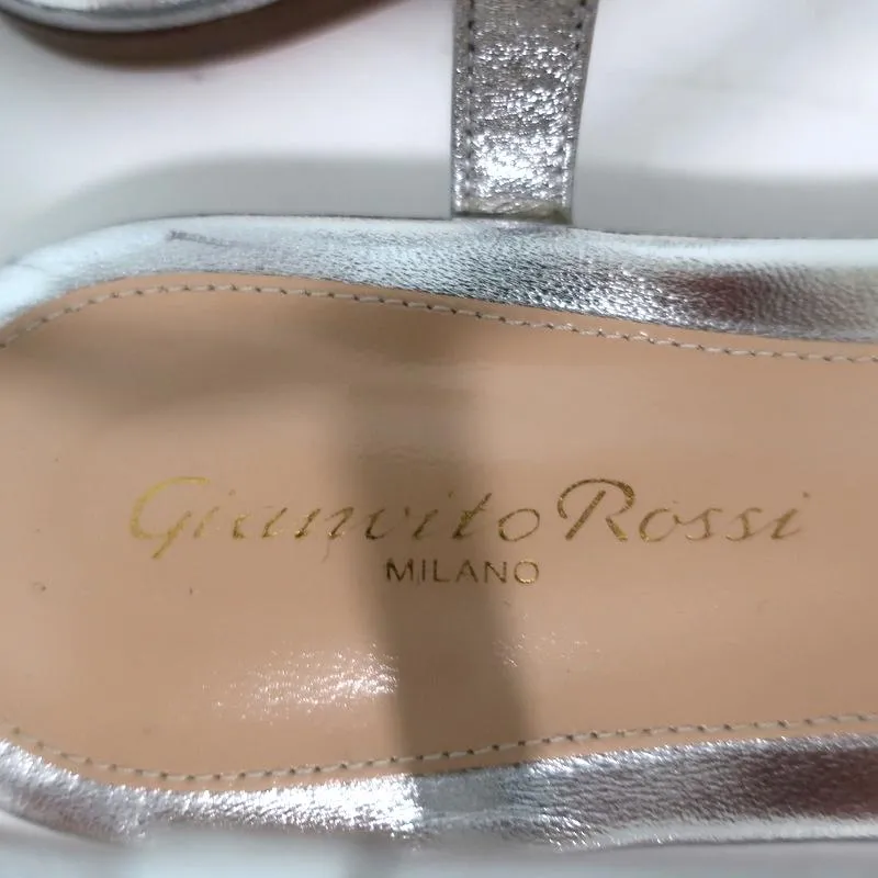 Gianvito Rossi Jaime Ankle Strap Sandals Silver Metallic Leather Size 38.5 NEW